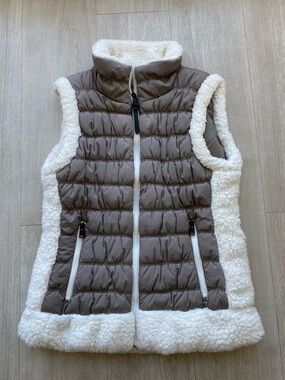 Calvin Klein Taupe Quilted Puffer Vest with Cream Sherpa Trim